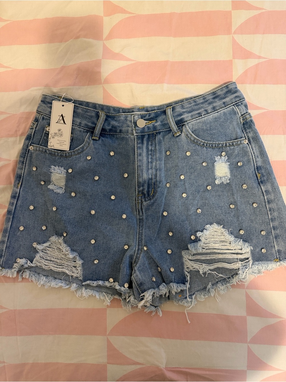 High-Rise Distressed Rhinestone Embellished Denim Shorts - Blue NWT - Picture 4 of 6